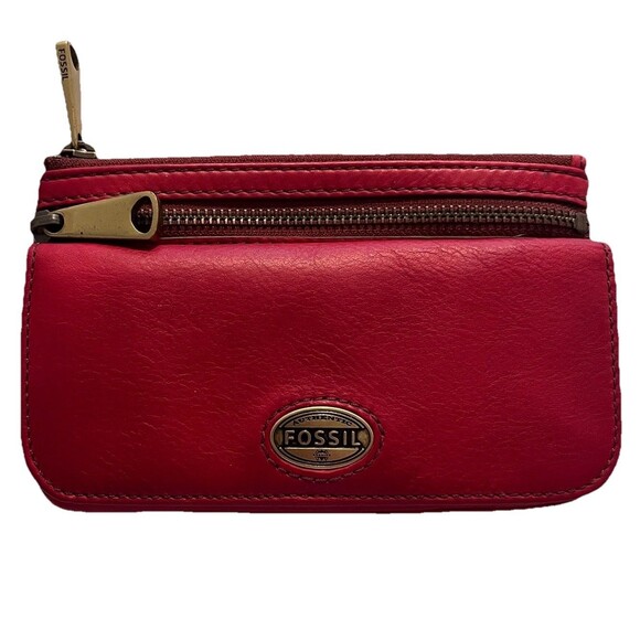 Fossil Red Leather Wristlet Wallet Minimalist Zip Around Card Holder Organizer - Picture 2 of 13